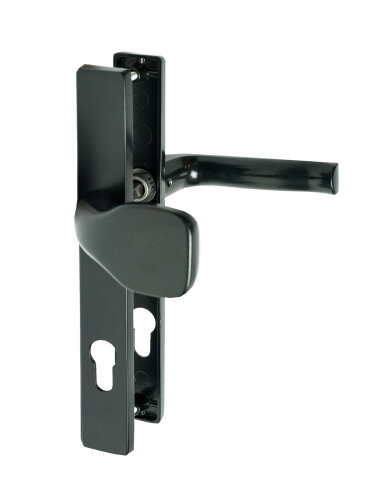 Klika AL s koulí, rozměr štítku 239 x 32 mm, rozteč 72 mm, černá prášková barva vypalovaná, s otvorem pro stavební vložku, pár